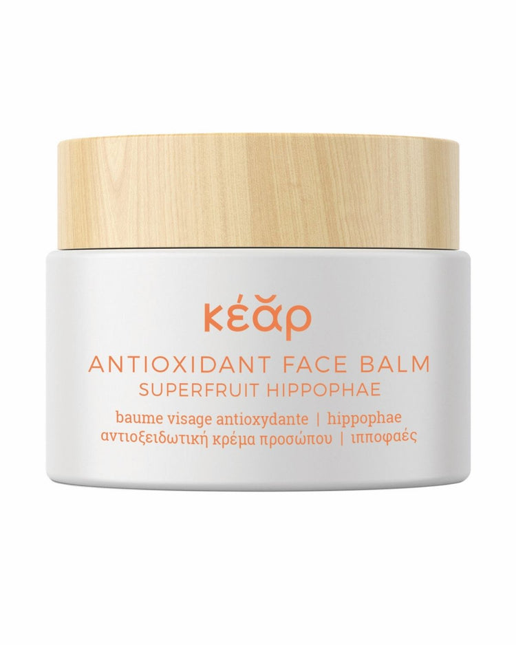 face balm - AntiOxidant Face Balm skyddar huden mot fria radikaler, toxiner och miljöföroreningar.

Eoner av skönhetshemligheter har nu återupptäckts i hållbar grekisk hudvård. Inspirerad av gamla kosmetiska formuleringar erbjuder Kear ren hudvård som respekterar hudens hälsa och återställer dess naturliga skönhet. AntiOxidant Face Balm är en mycket koncentrerad, återfuktande, antioxidant- och vitaminrik multiprodukt mot ålderstecken.

Rik på havtornsbär, ett mångfaldigt näringsstjärnskott som bromsar åldri