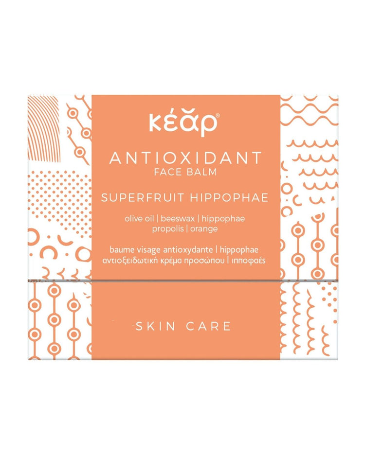 face balm - AntiOxidant Face Balm skyddar huden mot fria radikaler, toxiner och miljöföroreningar.

Eoner av skönhetshemligheter har nu återupptäckts i hållbar grekisk hudvård. Inspirerad av gamla kosmetiska formuleringar erbjuder Kear ren hudvård som respekterar hudens hälsa och återställer dess naturliga skönhet. AntiOxidant Face Balm är en mycket koncentrerad, återfuktande, antioxidant- och vitaminrik multiprodukt mot ålderstecken.

Rik på havtornsbär, ett mångfaldigt näringsstjärnskott som bromsar åldri