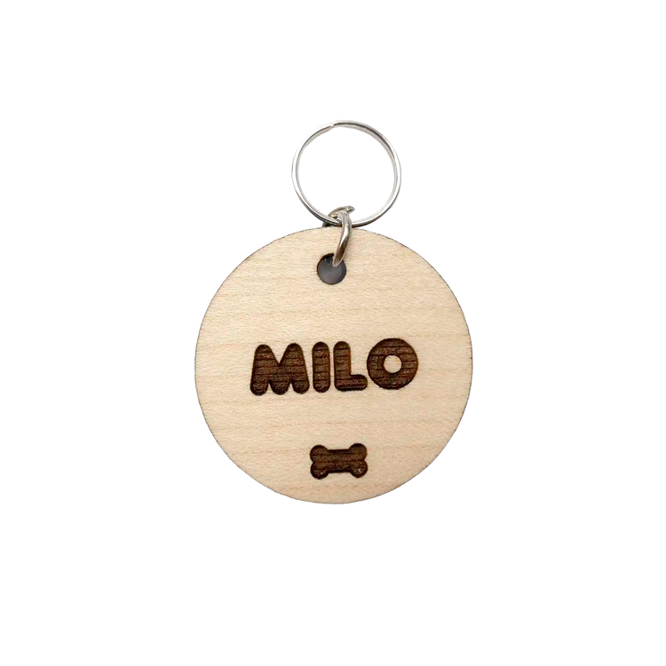 Milo Laser Engraved Dog Tag on Wood